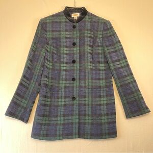 Wool blend vintage Talbots blue and green plaid blazer jacket with velvet detail